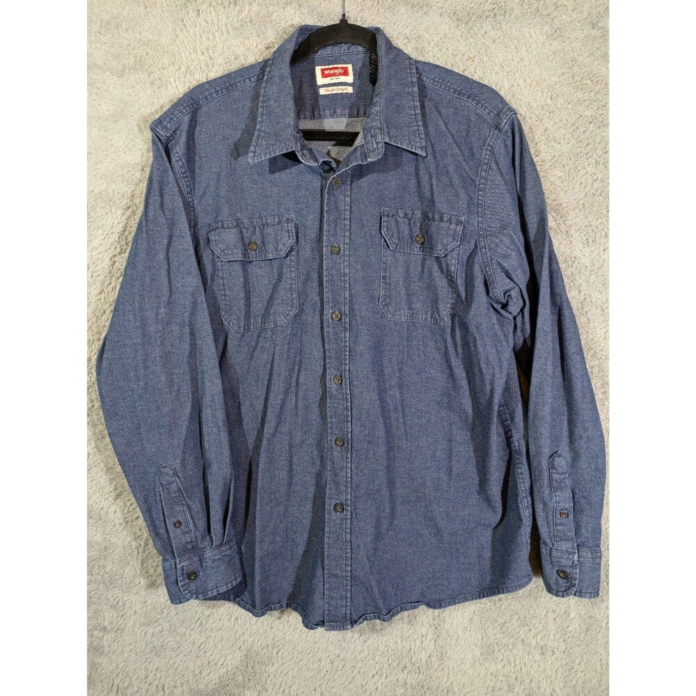 Wrangler Denim Button Up Shirt Size XL Flex Fit Western Cowboy Workwear